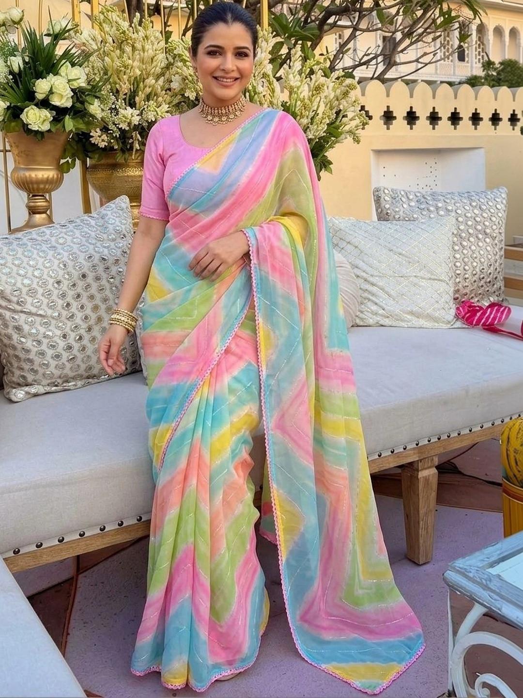 Sangria Ethnic Motifs Gotta Patti Pure Georgette Fusion Leheriya Saree
