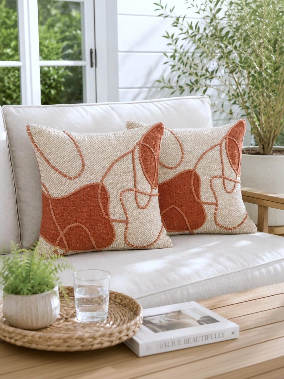 eyda Beige Embroidered Cotton Breathable 2 Pcs Textured Cushion Covers - 18 x 18 Inches