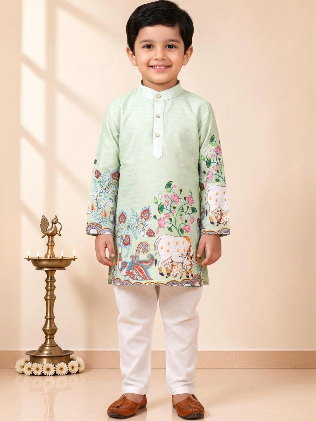 Sangria Boys Floral Printed Mandarin Collar Regular Kurta With Pyjamas