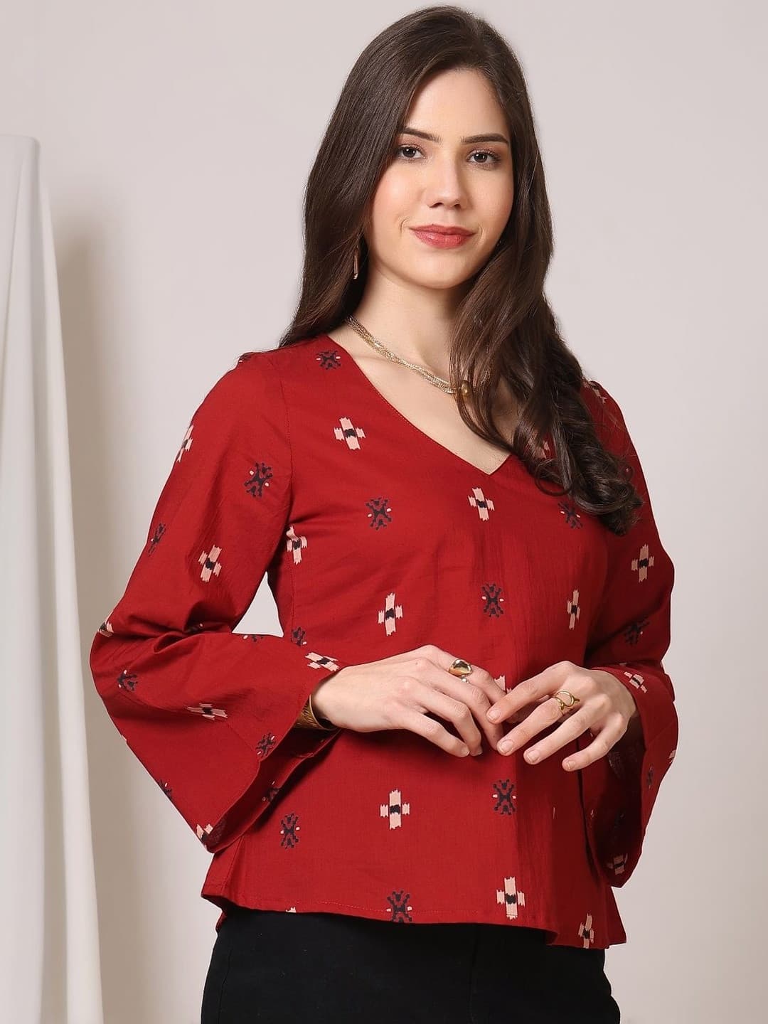 Anouk Print Bell Sleeve Ethnic Cotton Top