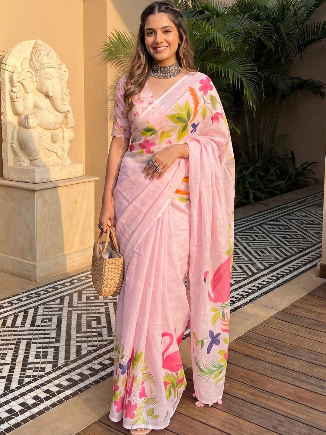 Anouk Floral Linen Blend Designer Saree