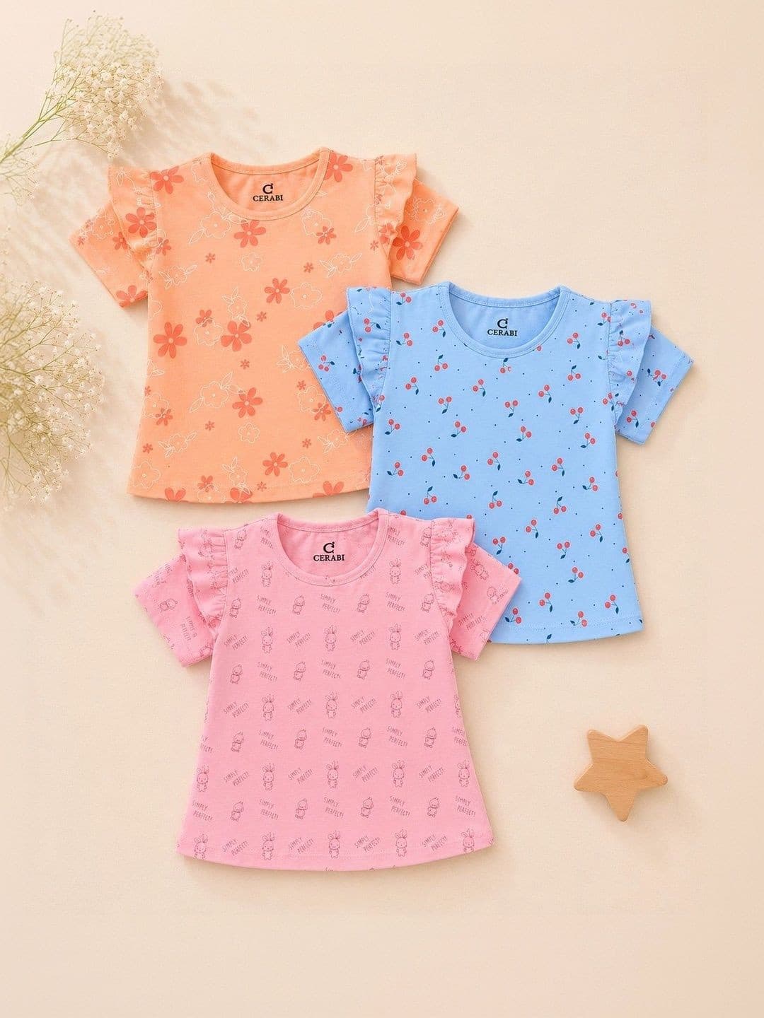 CERABI Girls Pack of 3 Printed Cotton Tops