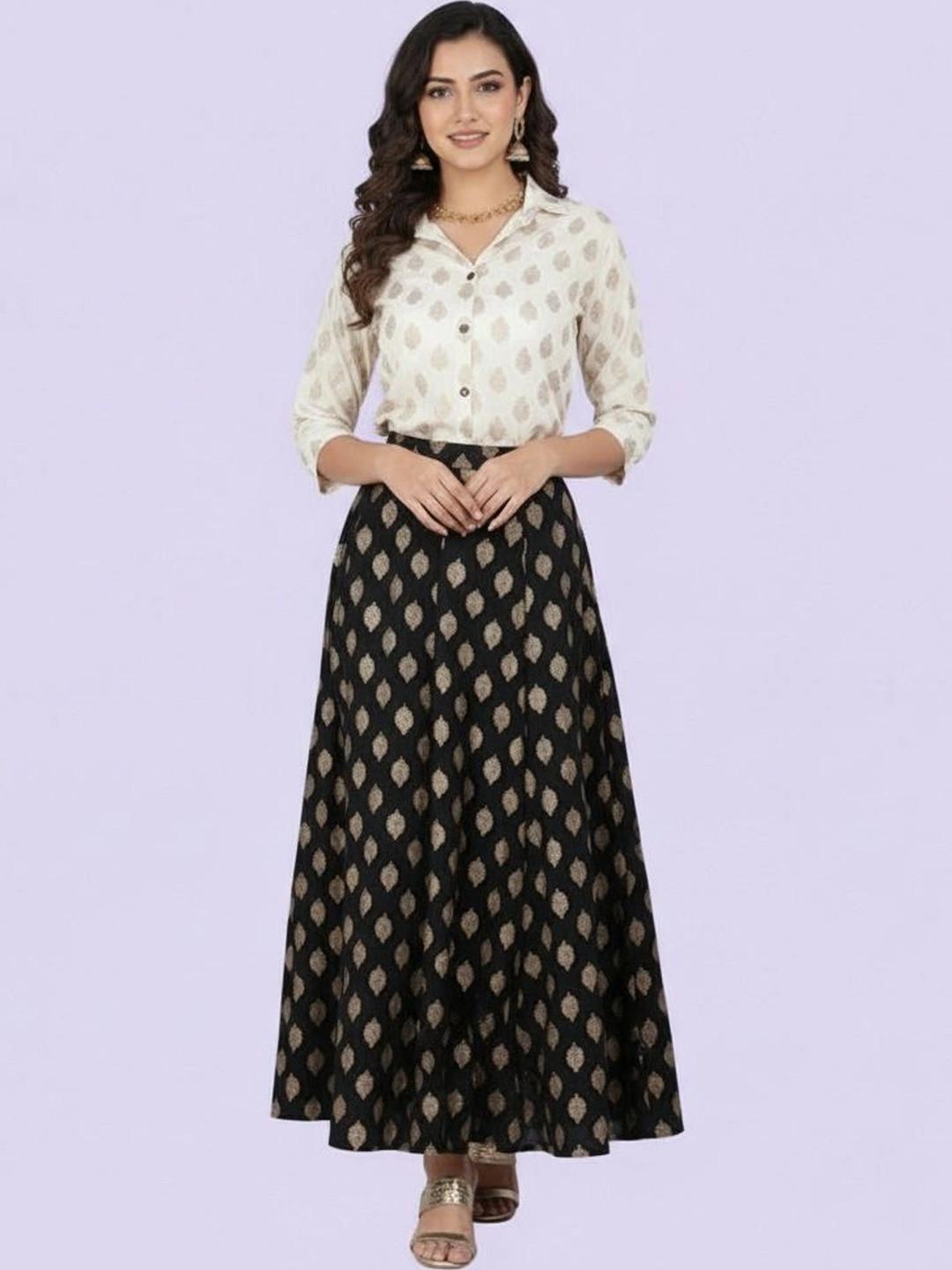 TRUNESS Women Printed Shirt with Skirt