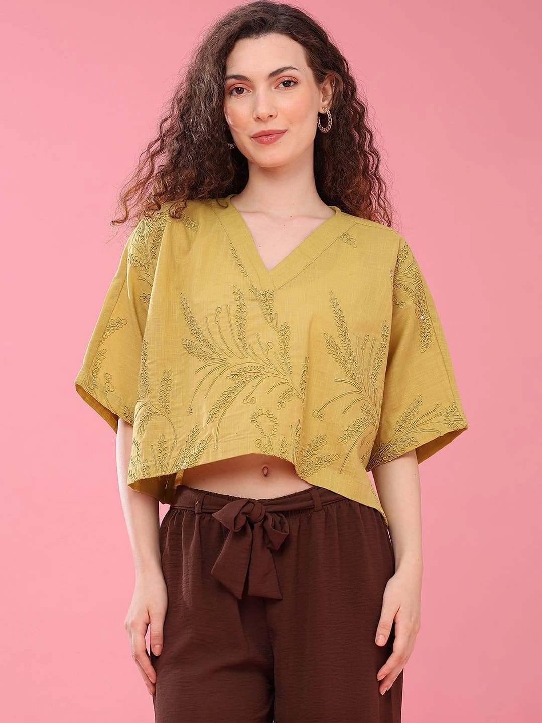 LIMEROAD Embroidered Batwing Sleeve Cotton Boxy Crop Top