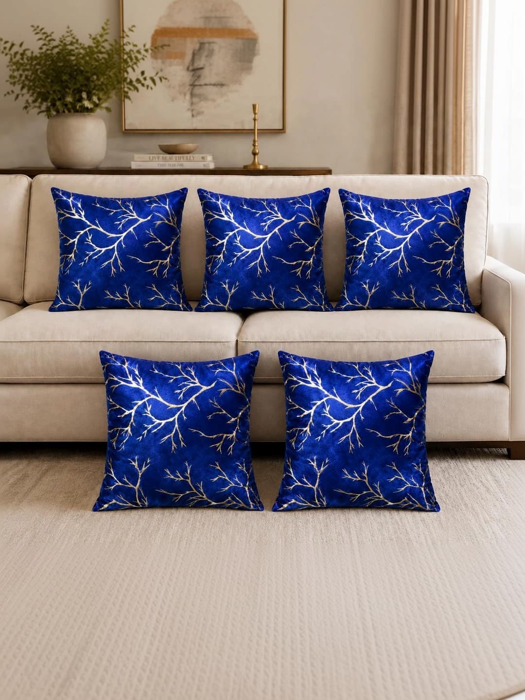 YUKANY Navy Blue Set of 5 Floral Velvet Blend Square Cushion Covers