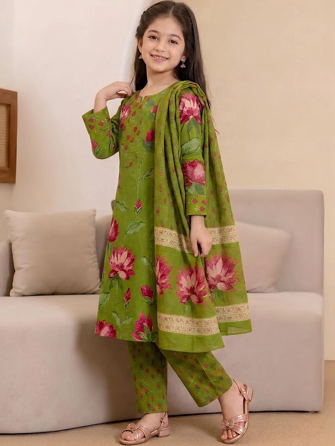 KALINI Girls Floral Printed Regular Kurta with Trousers & With Dupatta