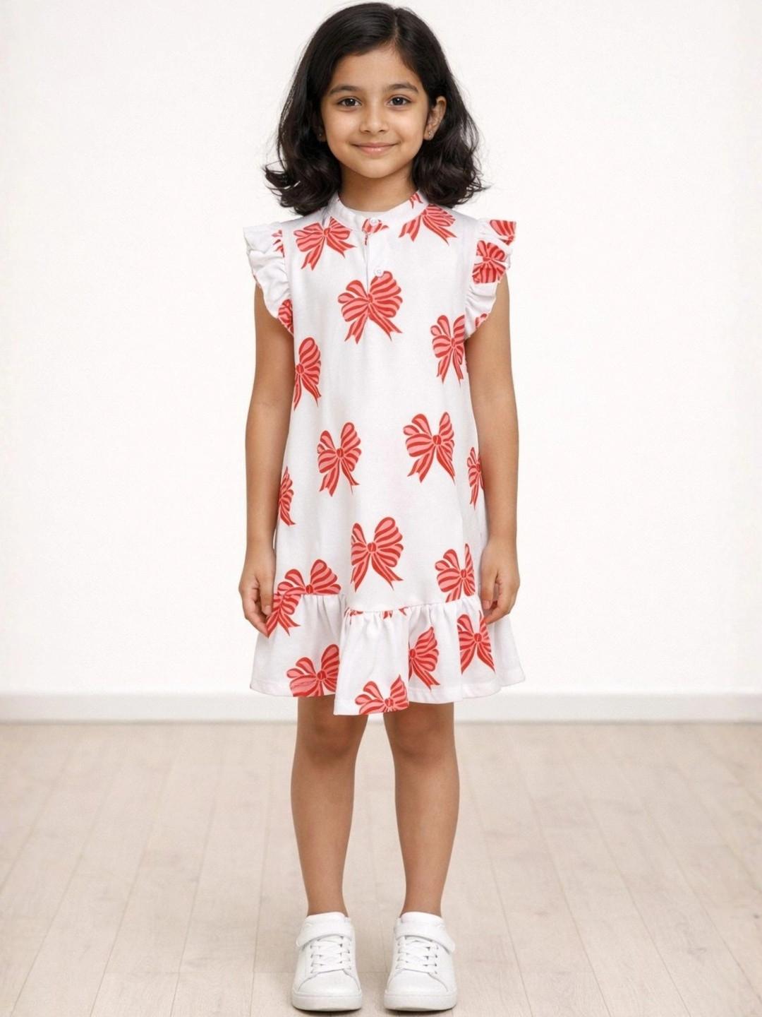 Anthrilo Pink Bow Print Girls Sleeveless Mandarin Collar Frill A-Line Cotton Dress