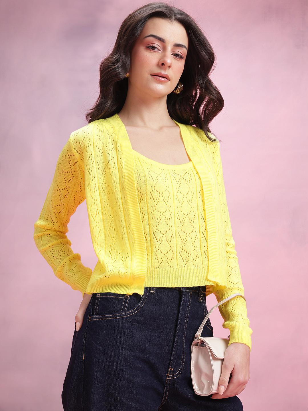 DressBerry Self Striped Open Knit Layered Crop Pullover