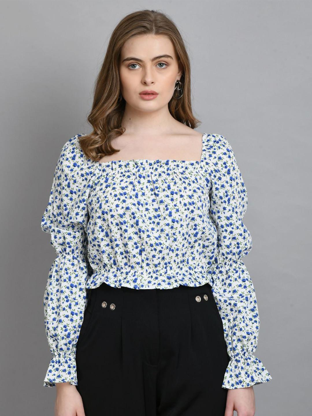 DressBerry Women Floral Printed Square Neck Puff Sleeve Crop Top