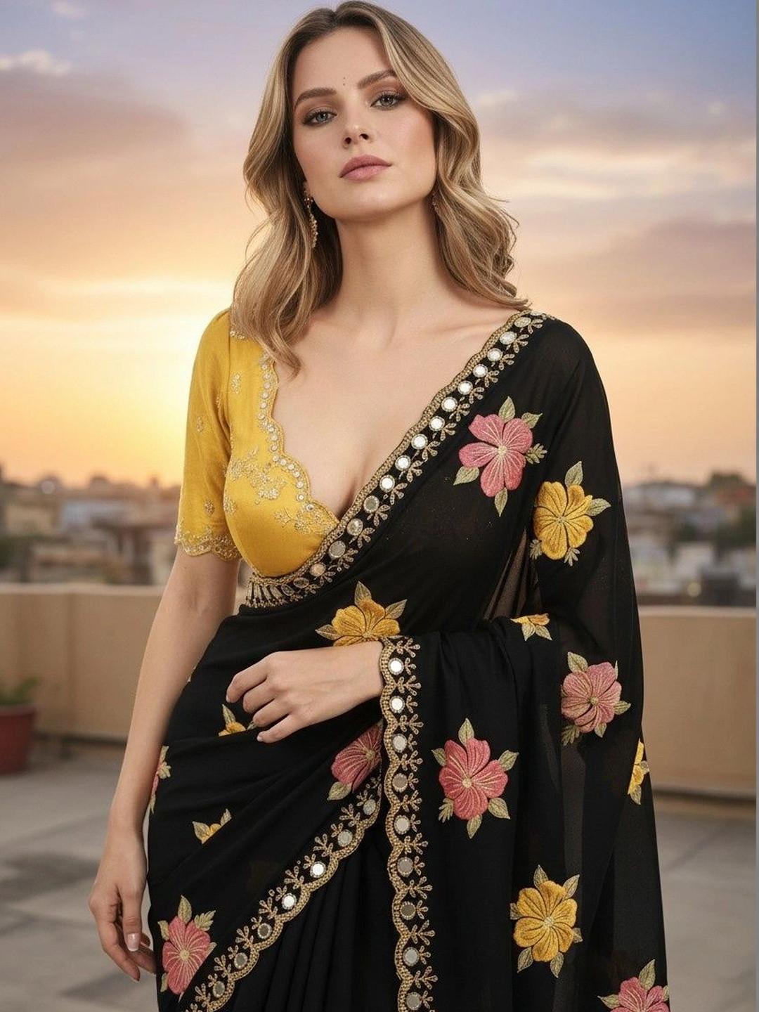 Sangria Floral Mirror Work Poly Georgette Designer Leheriya Saree