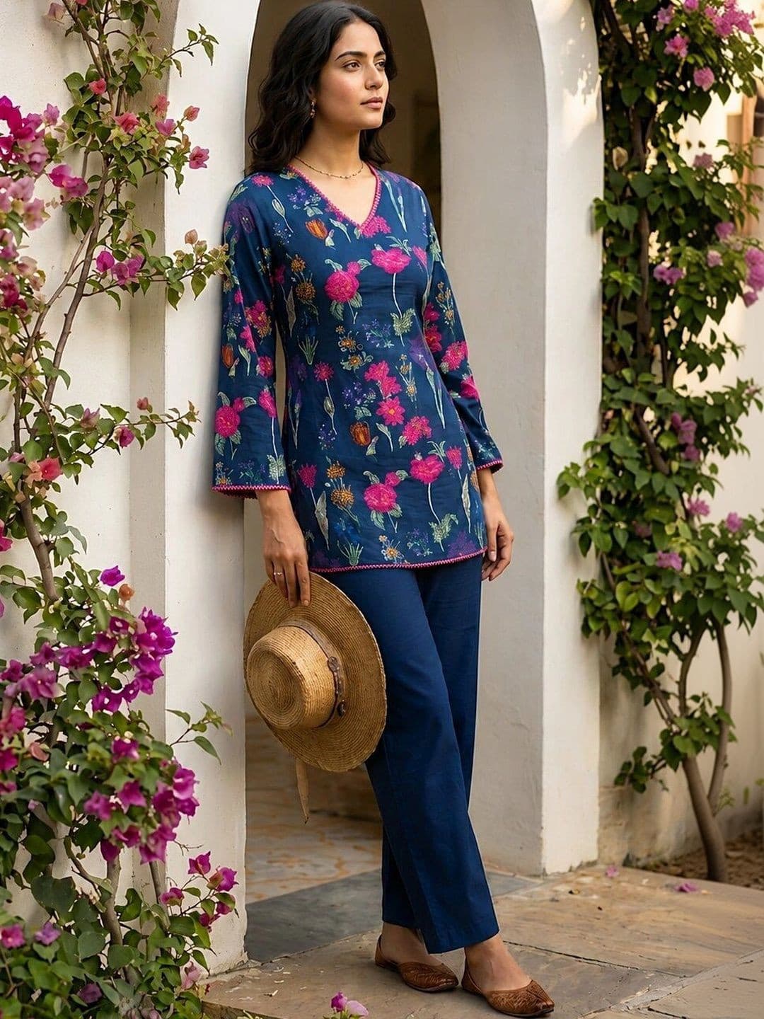 Anouk Women Floral Printed Regular Pure Cotton Kurti with Trousers