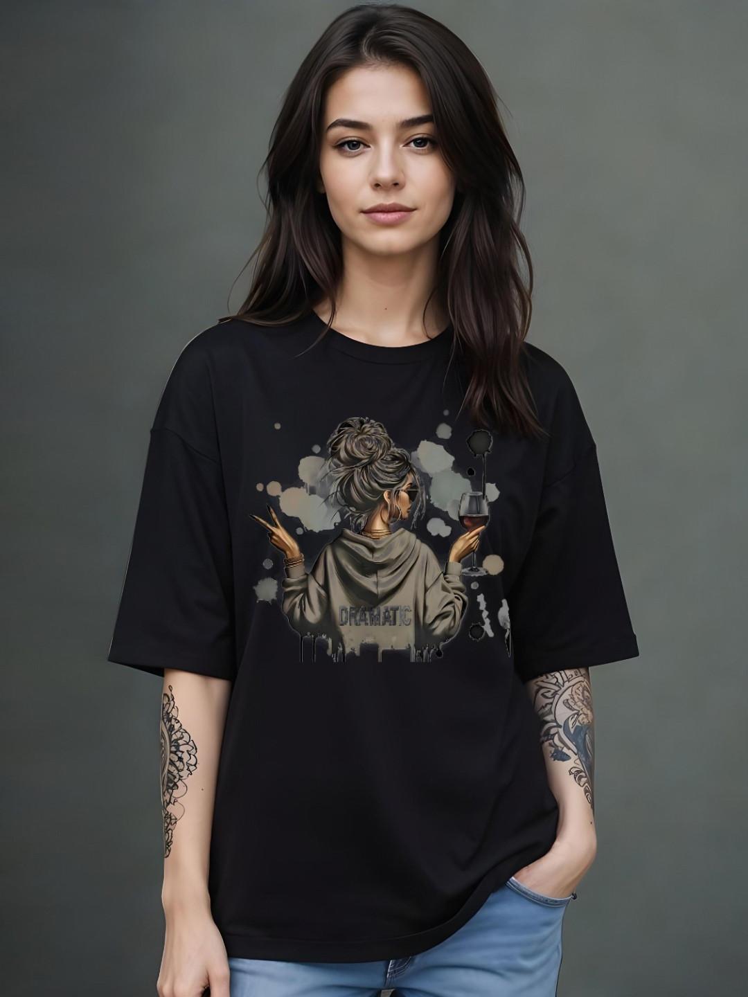 DressBerry Graphic Printed Round Neck Drop-Shoulder Sleeves Oversized Cotton T-shirt