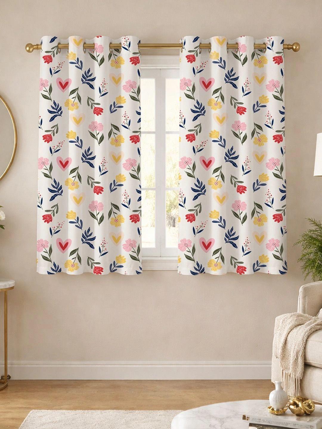 ANA White & Green Set of 2 Floral Room Darkening Window Curtain