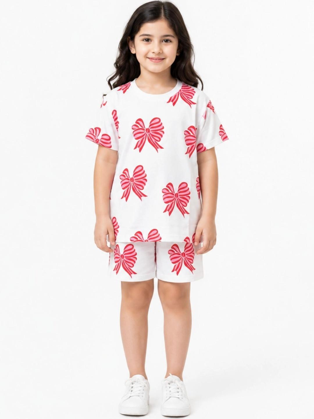 Anthrilo Girls Red Bow Printed T-shirt & Shorts Round Neck Cotton Summer Set - Casual Wear