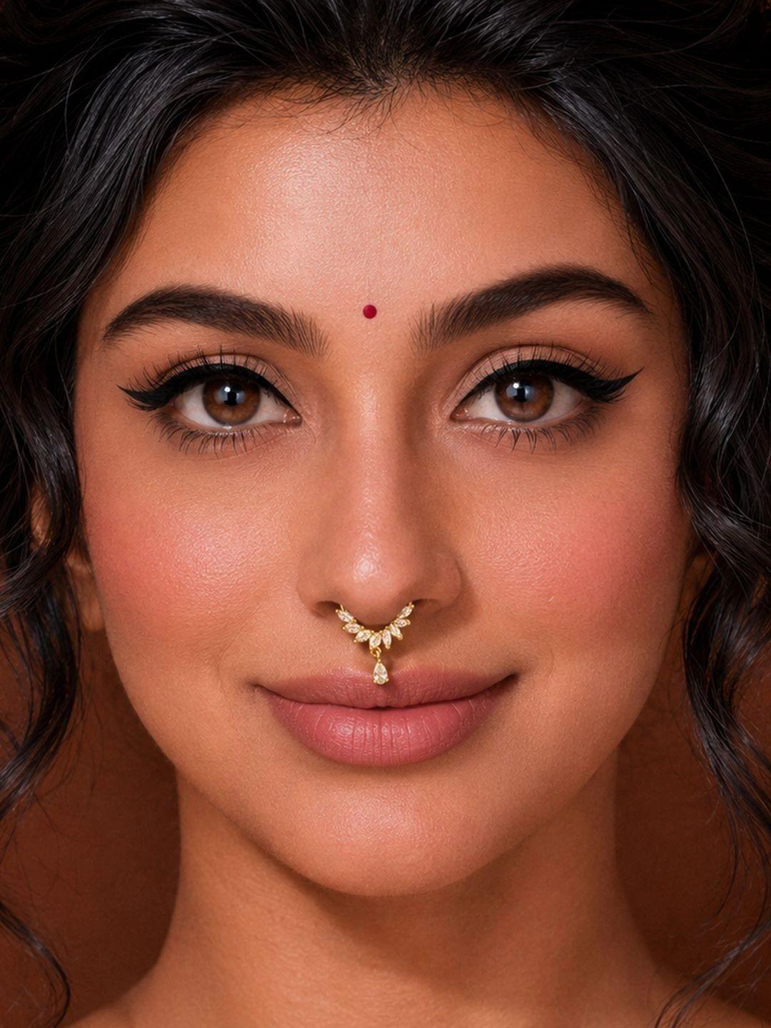 ADIVA Gold-Plated White AD Stone Drop Charm Septum Nose Ring