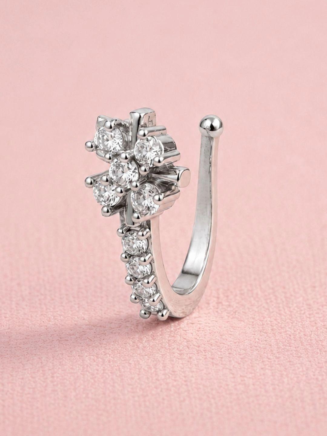 ADIVA Silver-Plated White AD Stone Floral Clip-On Nose Pin