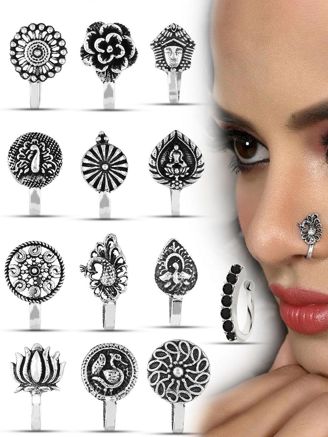 VAMA Women Set of 13 Pcs Silver Oxidised Clip on Without Non Piercing Nosepin