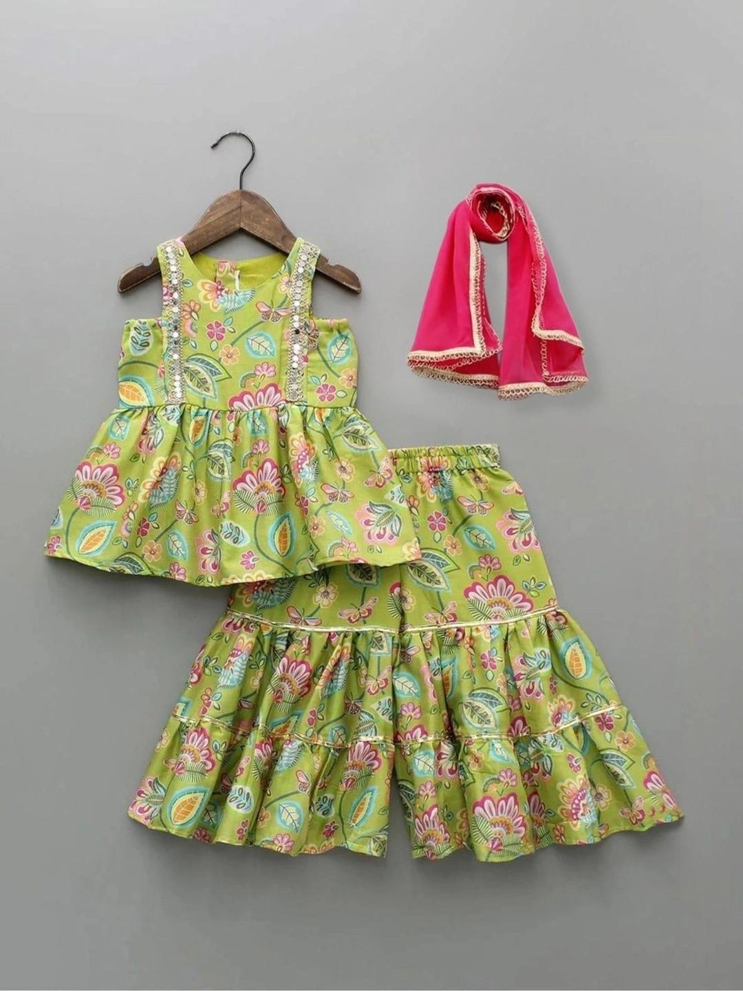 Sangria Girls Floral Printed Regular Kurti with Sharara & With Dupatta