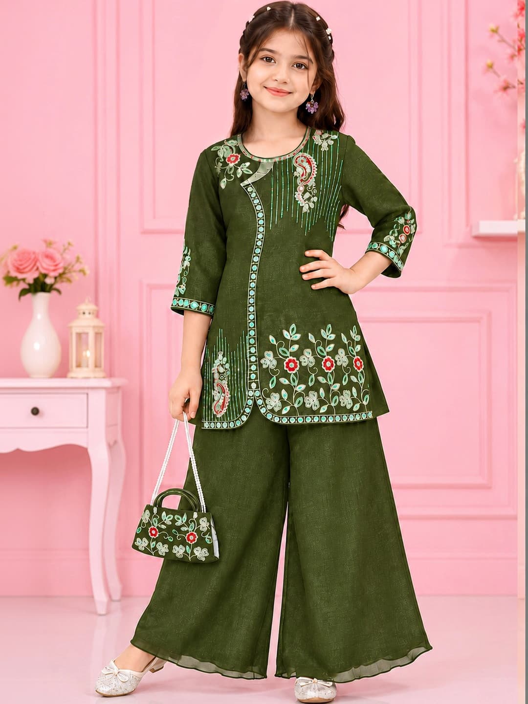 Jbegam Girls Ethnic Motifs Embroidered Angrakha Thread Work Chanderi Cotton Kurta with Palazzos