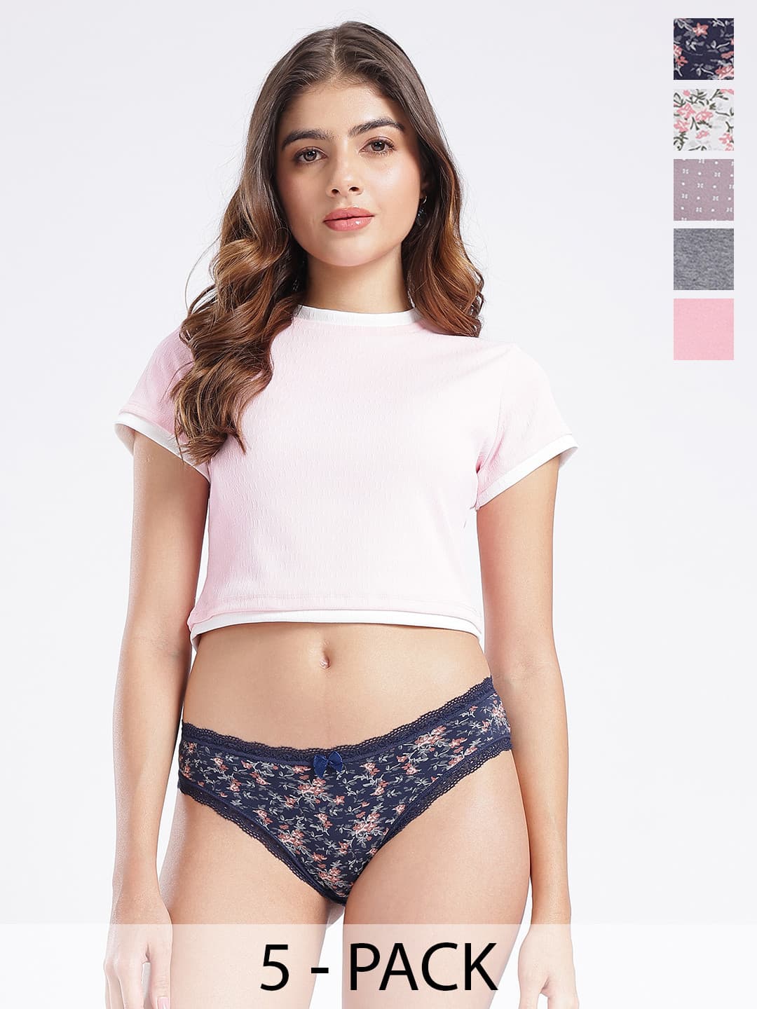 DressBerry Pack of 5 Printed Lace Detail Basic Briefs - Mid-Rise