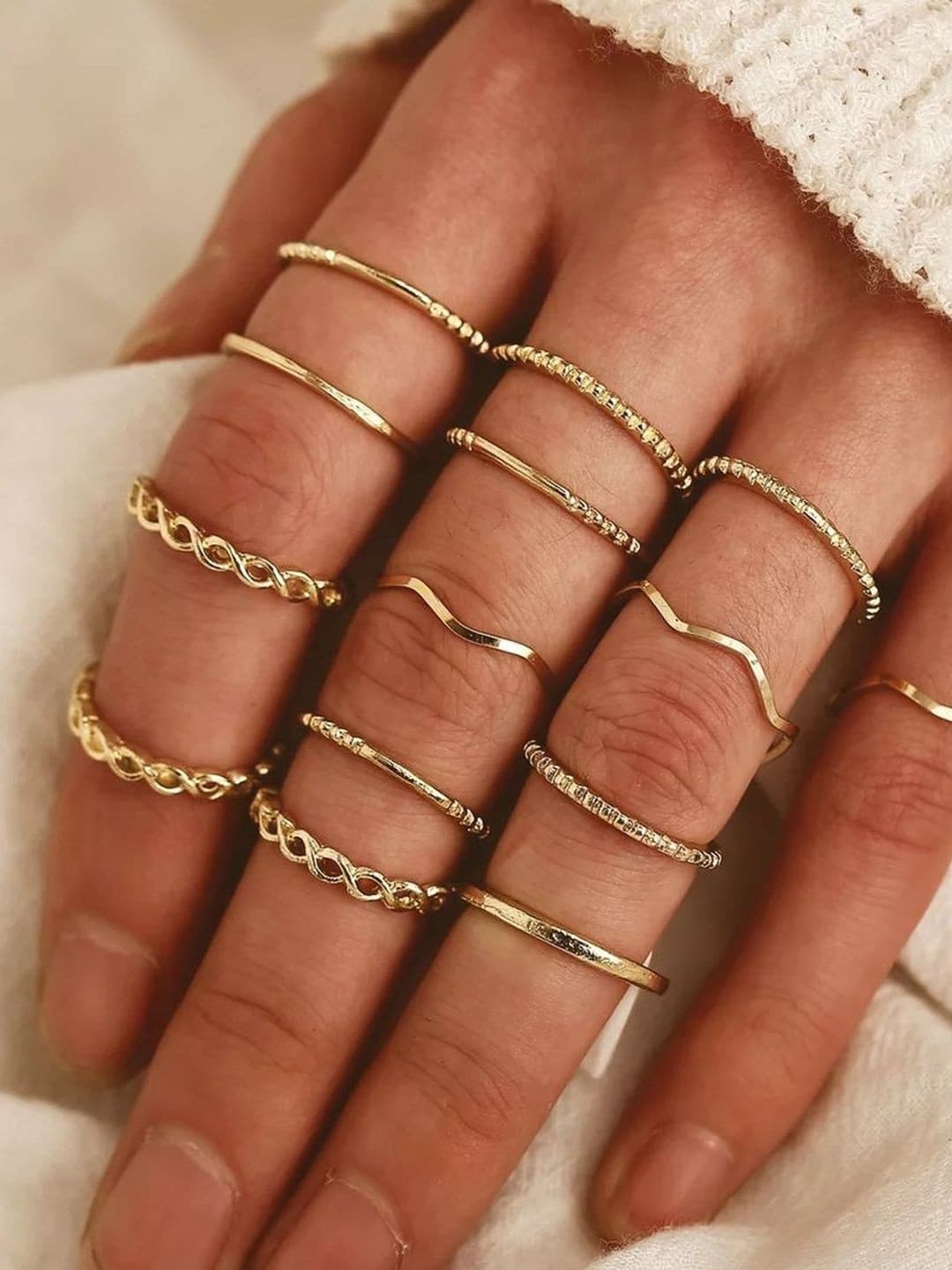 DressBerry Set Of 14 Gold-Plated Plain Chain Multi Designs Finger Rings