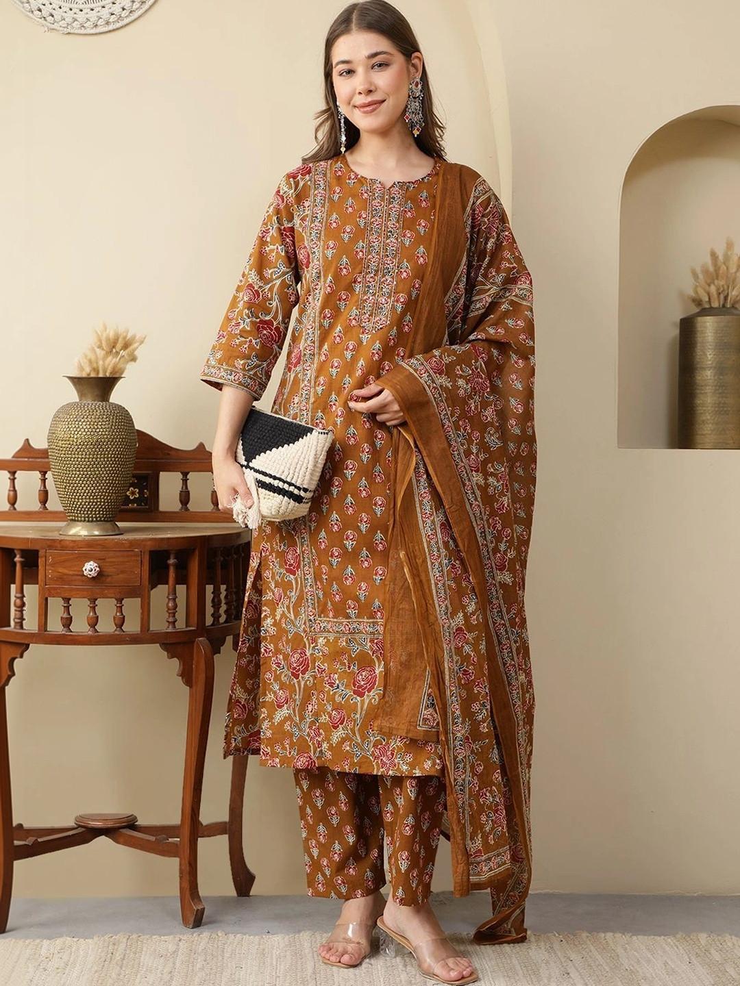 Sangria Women Floral Printed Regular Pure Cotton Kurta with Trousers & With Dupatta