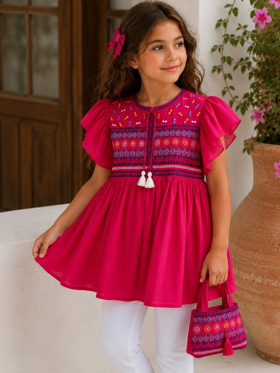 Ishti Embroidered Flutter Sleeve Ethnic Cotton Blend Top