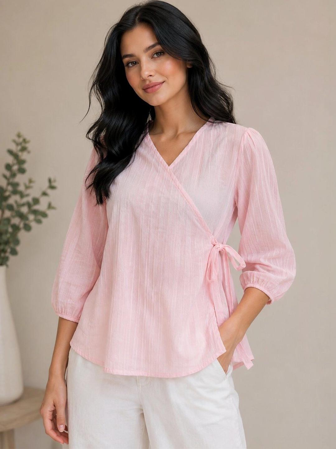 KATLINE Puff Sleeve Cotton Wrap Top
