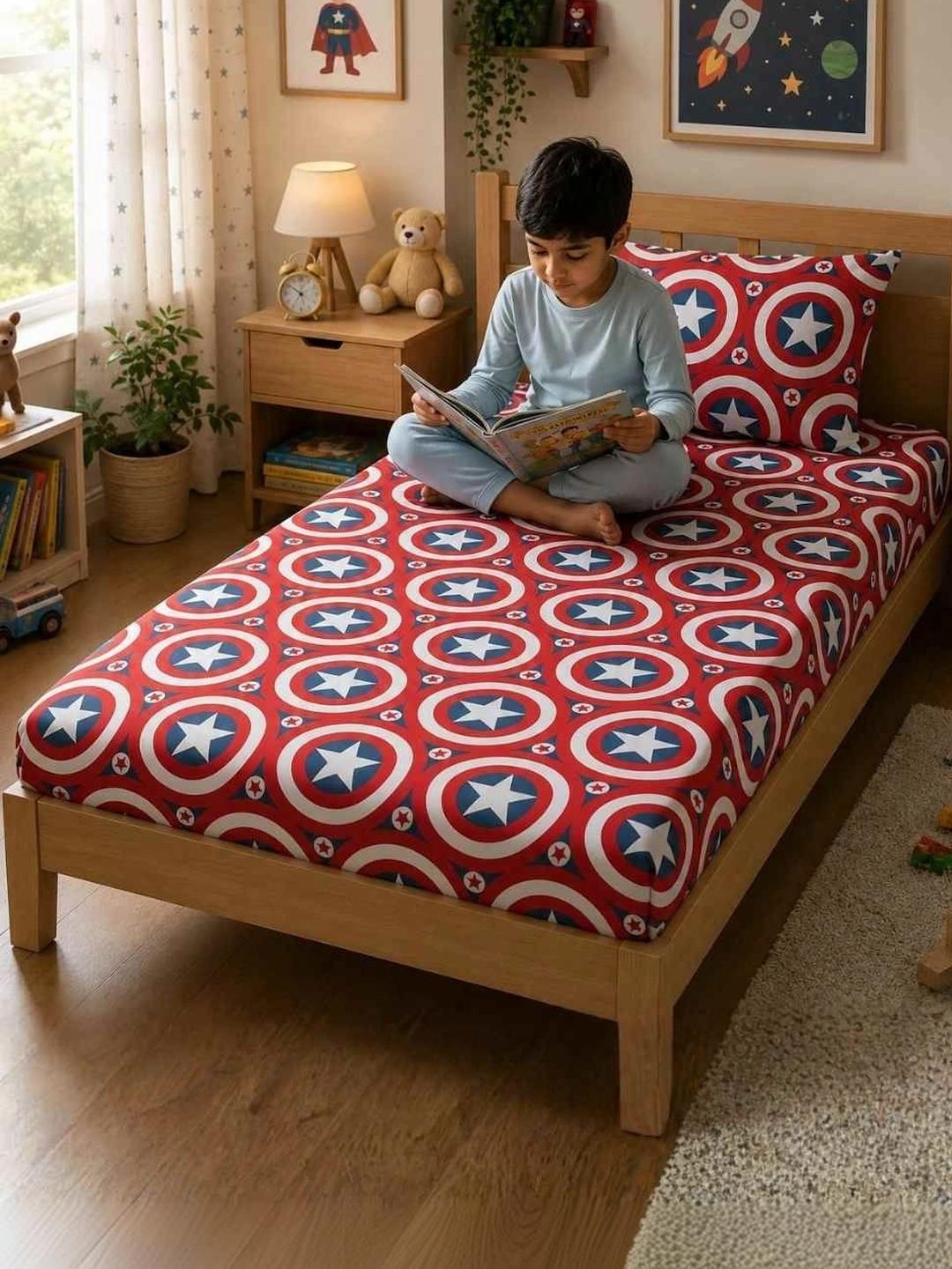 HABOOO Red & Blue Self Design 144 TC Single Bedsheet with 1 Pillow Covers