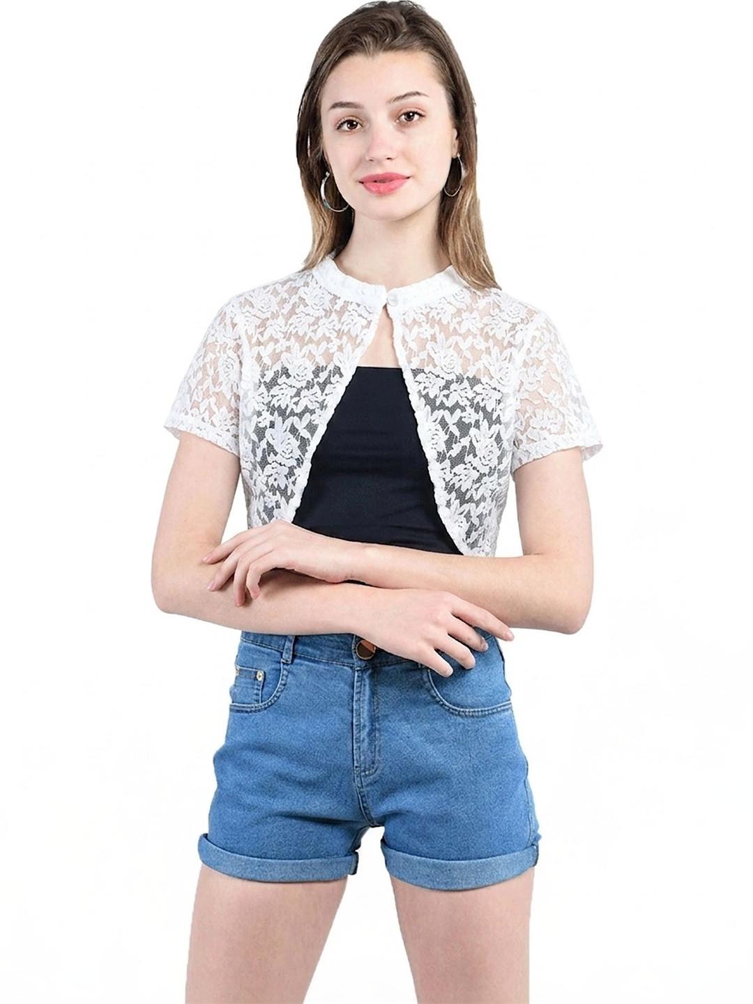 AOL Women Embroidered Crop Sheer Shrug