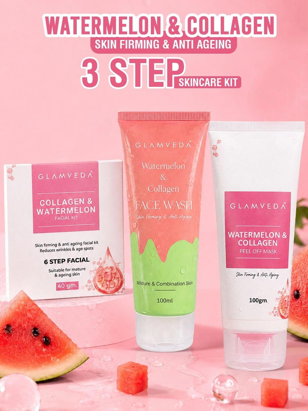 GLAMVEDA Glamveda Set Of 3 Watermelon & Collagen Anti Ageing Face Wash & Face Peel Off With 6-Step Facial Kit