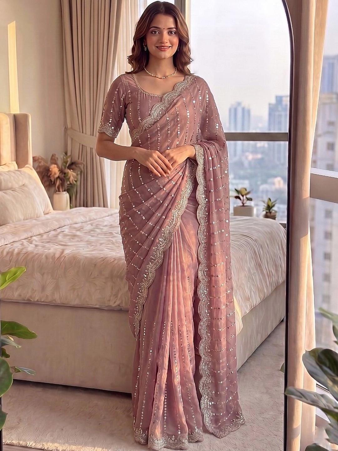 HESVI Embroidered Satin Heavy Work Saree