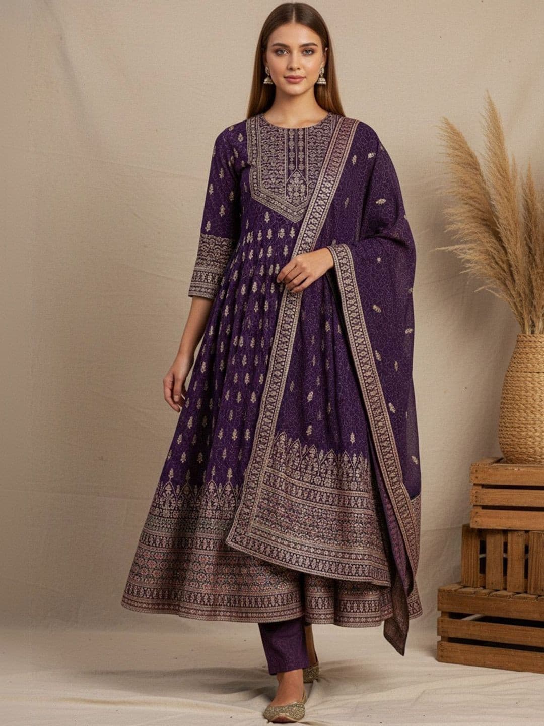 Sangria Printed Round Neck Anarkali Kurta & Trousers With Dupatta