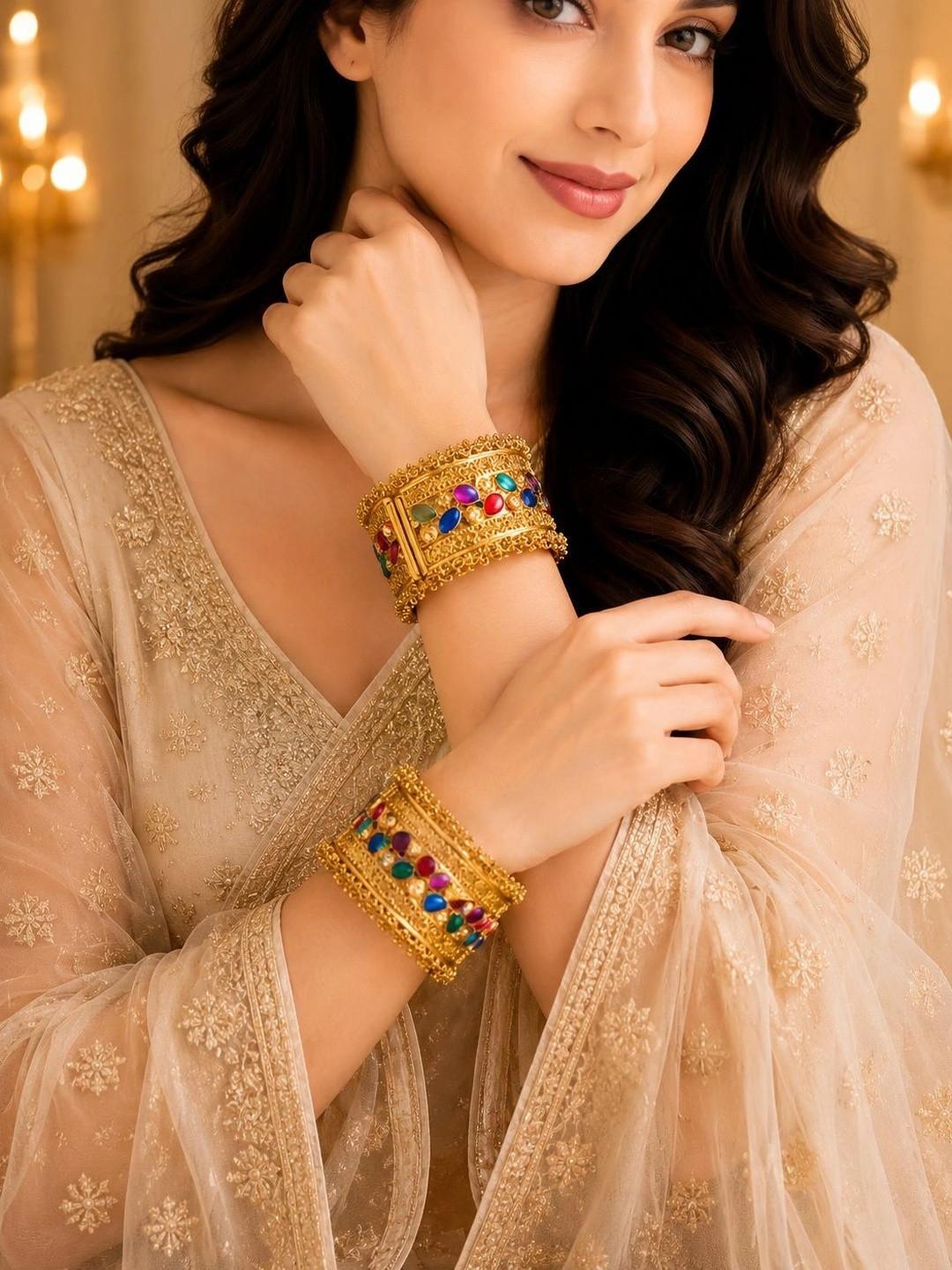 Sangria Set of 2 Gold-Plated Stone Studded & Beaded Bangles
