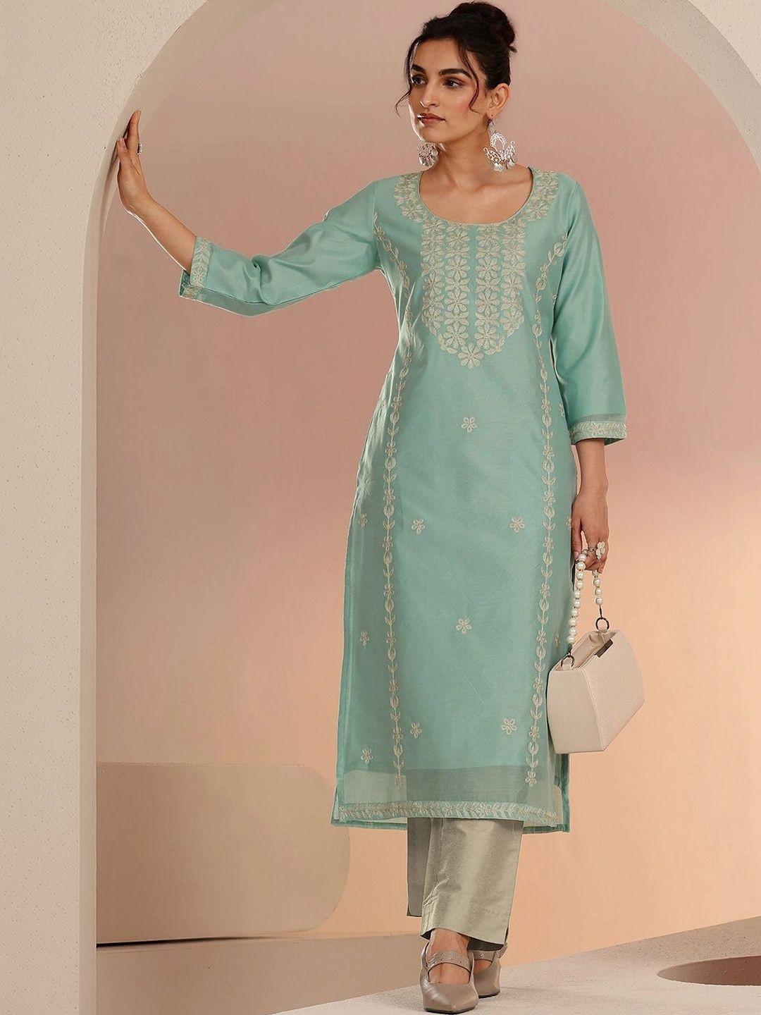 Libas Mint Green Floral Embroidered Silk Blend Straight Kurta