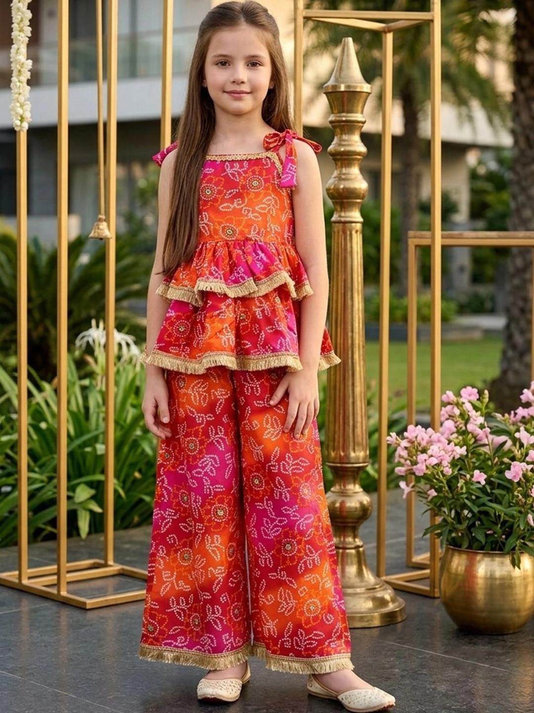 Cutiekins Girls Bandhani Printed Tiered Top with Palazzos