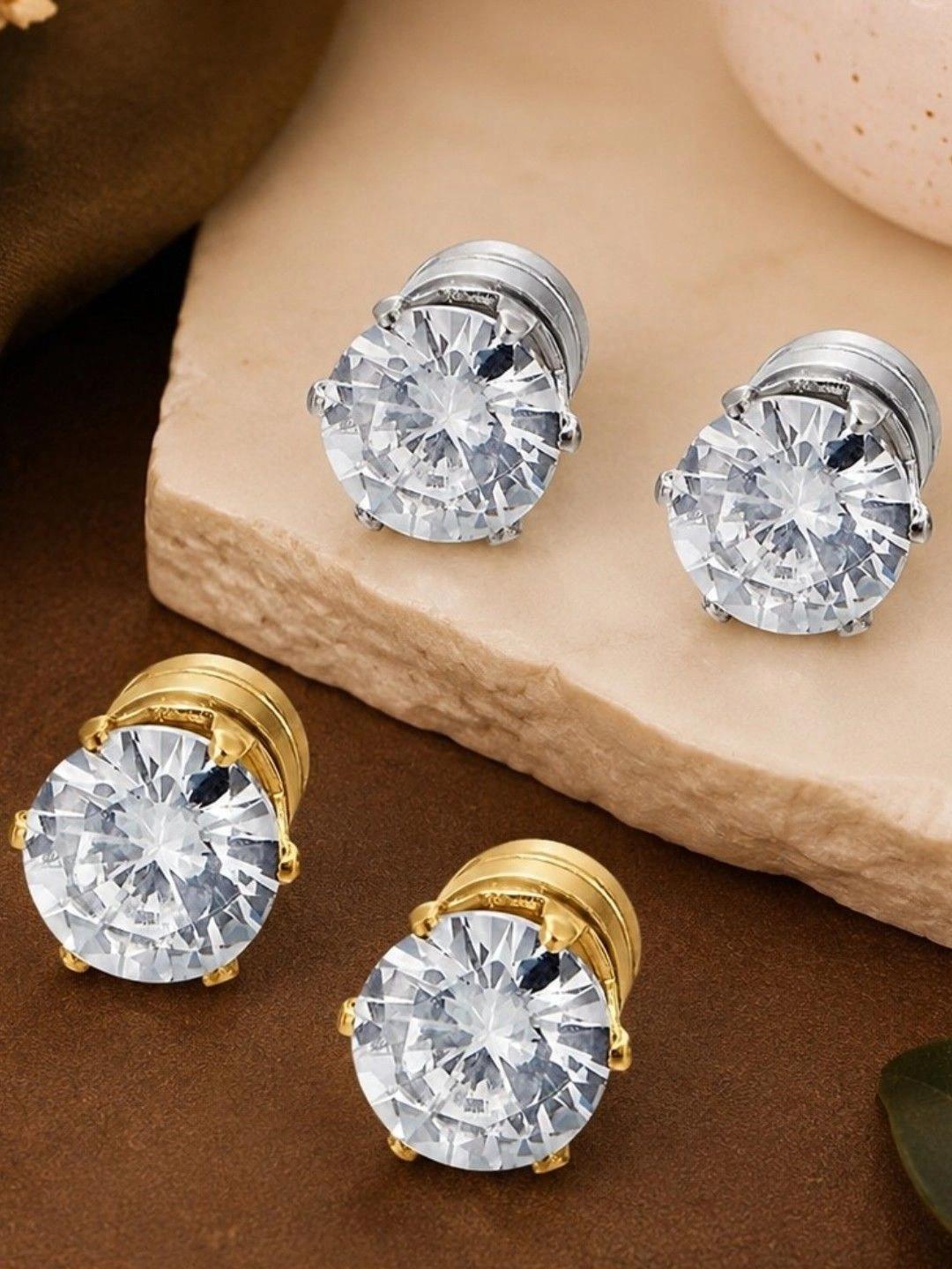OOMPH Set of 2 Silver & Gold Cubic Zirconic Magnetic Non-Piercing Stud Earrings
