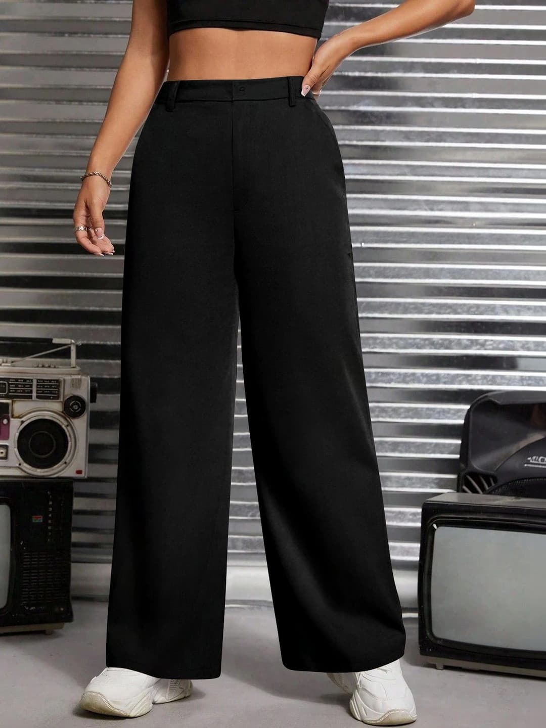 BAESD Women Relaxed Straight Leg High-Rise Easy Wash Trousers