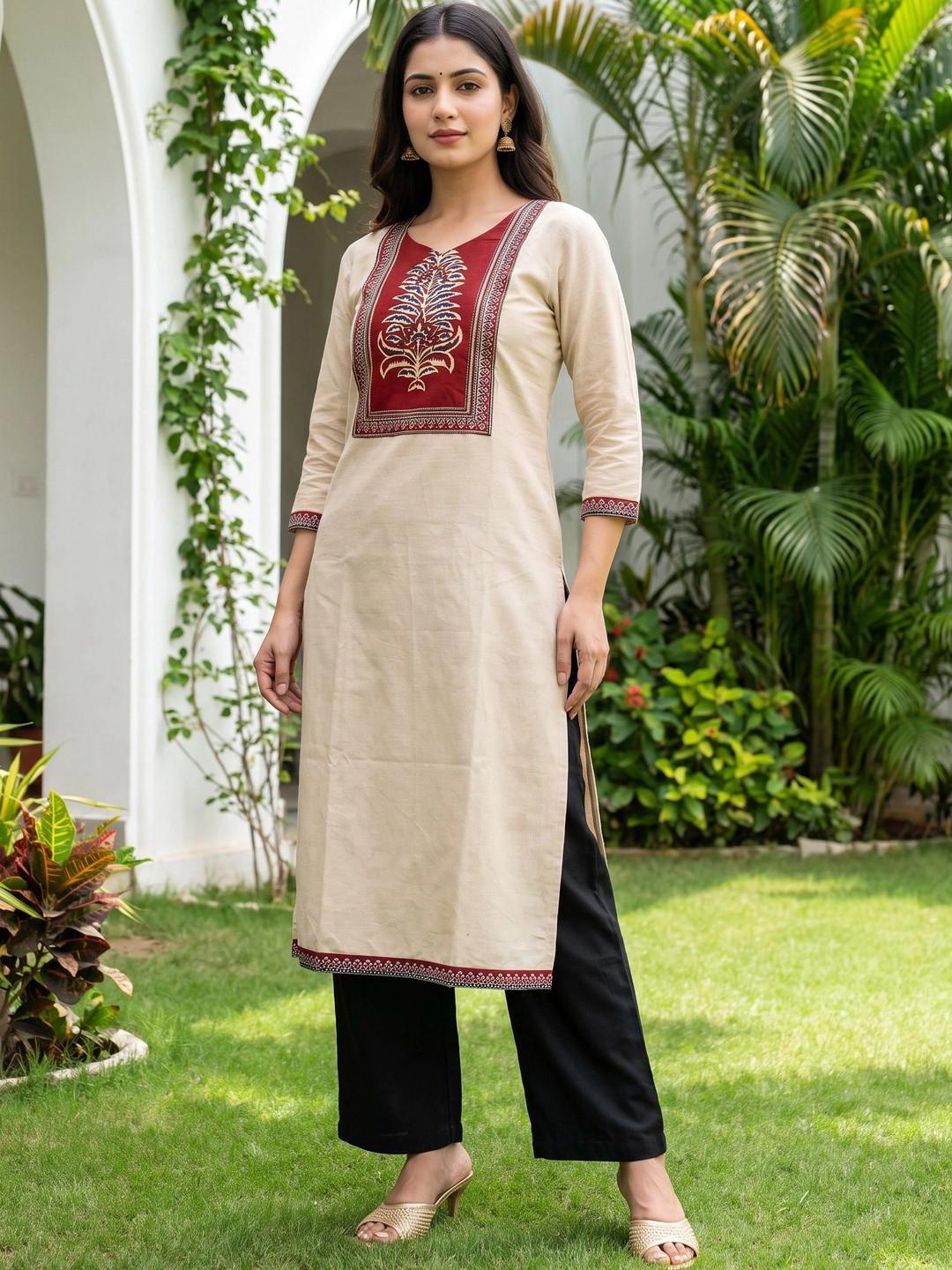 DIZON Ethnic Motifs Embroidered Thread Work Cotton Kurta