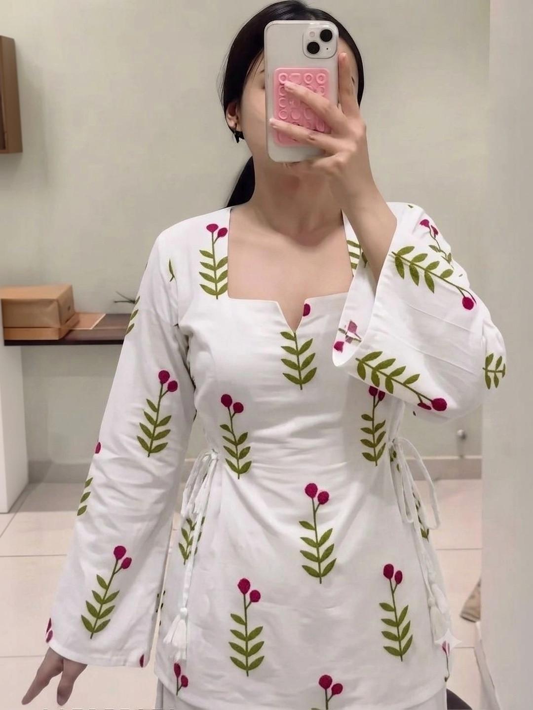 SAICHA Botanical Printed Square Neck Flared Sleeves Pure Cotton Angrakha Kurti