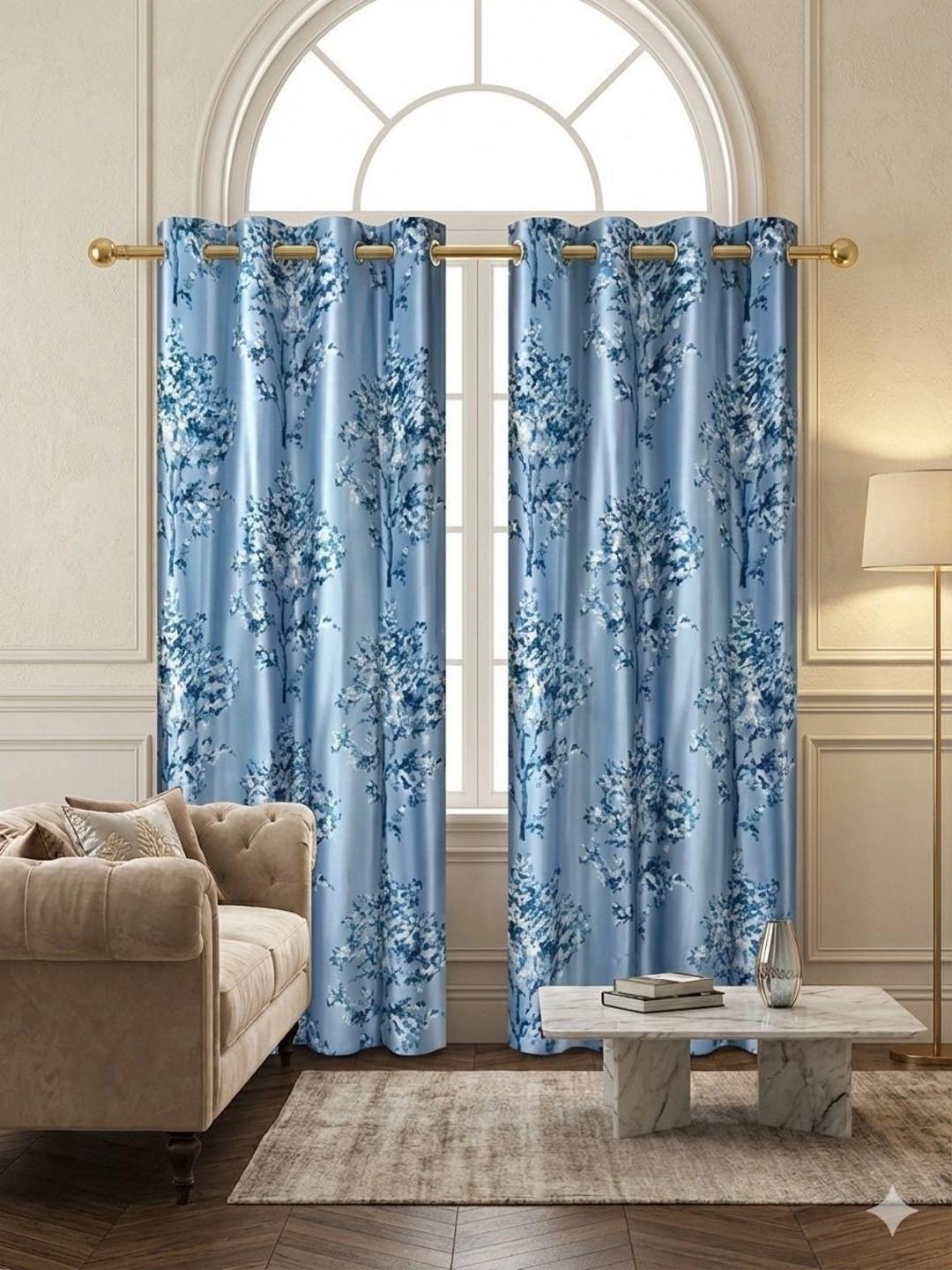 Homybees Blue Set of 2 Floral Room Darkening Long Door Curtain