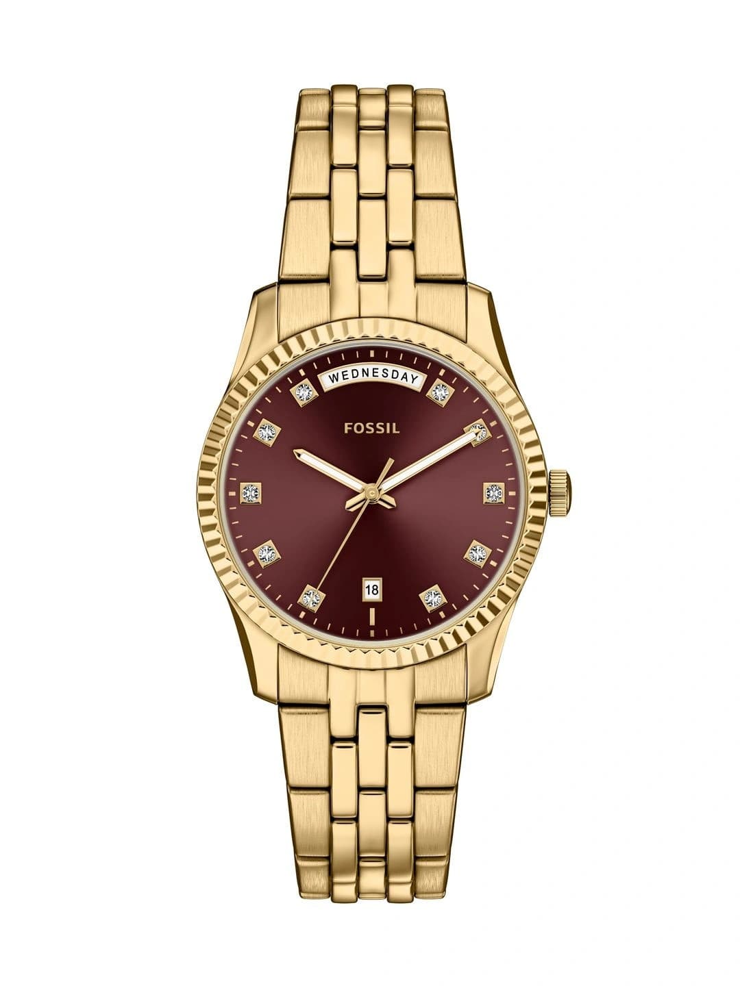 Fossil Women Brass Embellished Dial & Stainless Steel Bracelet Style Straps Analogue Date Aperture Watch