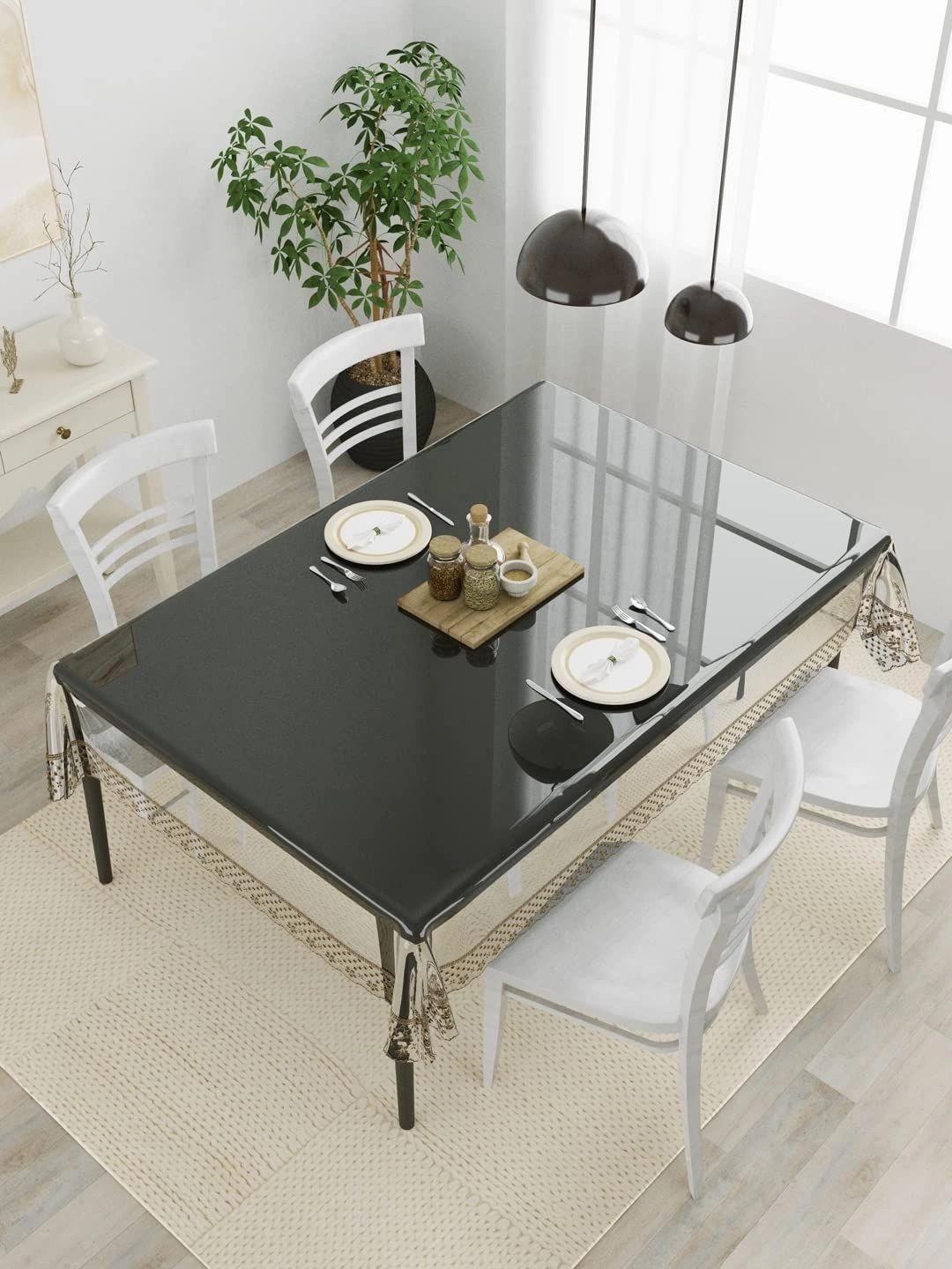 Aura Transparent Geometric Printed Waterproof 4-Seater Table Cover & Embroidered details