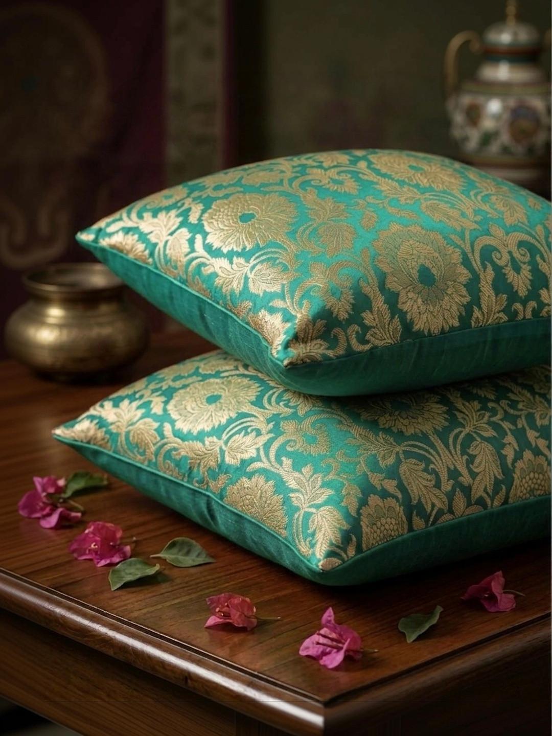 RoyalDeco Mughal Banarasi Green 2 Pieces Ethnic Motifs Brocade Square Cushion Covers