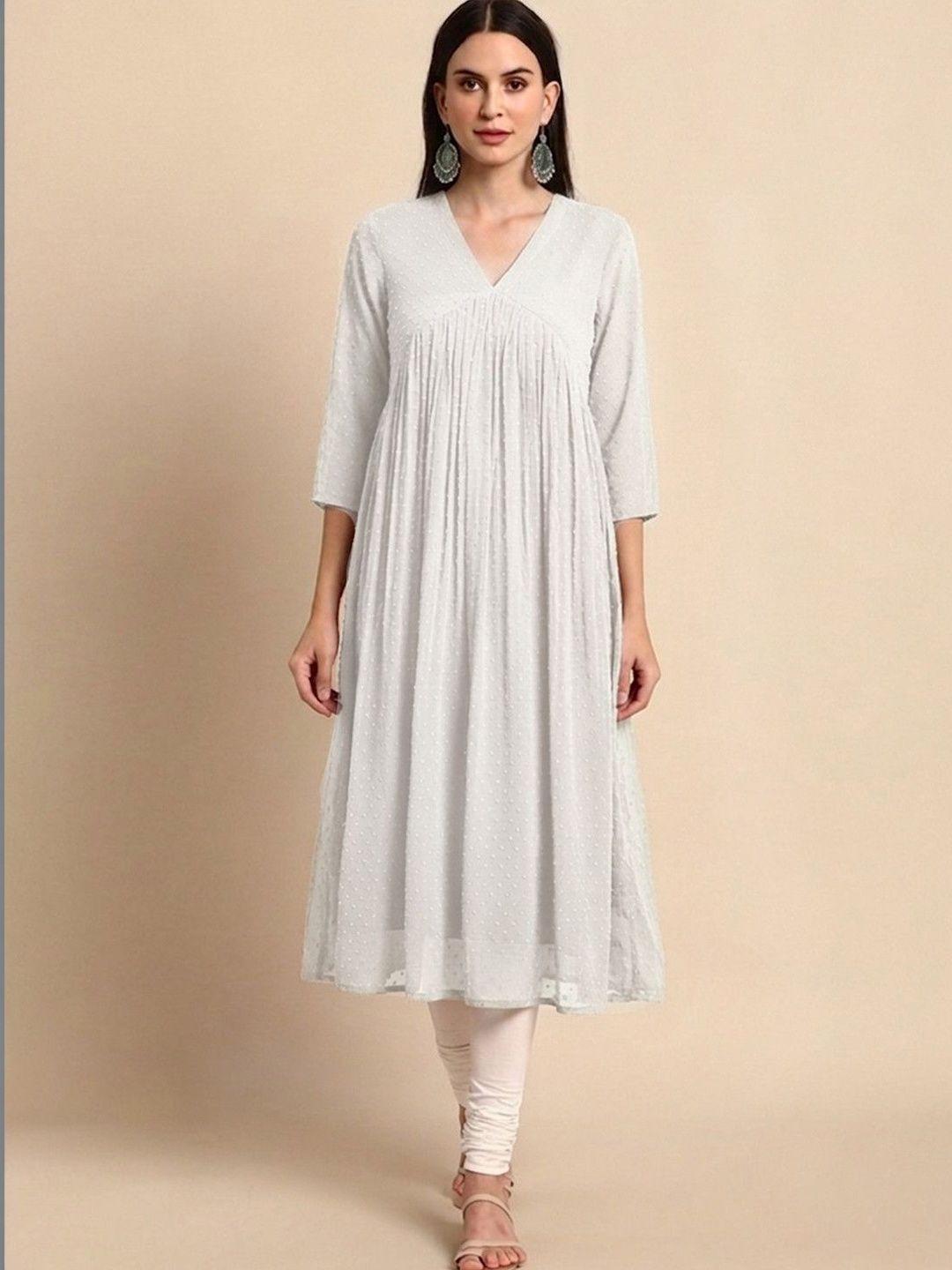 Janasya Women Off White Dobby Chiffon Self Design Flared Kurta