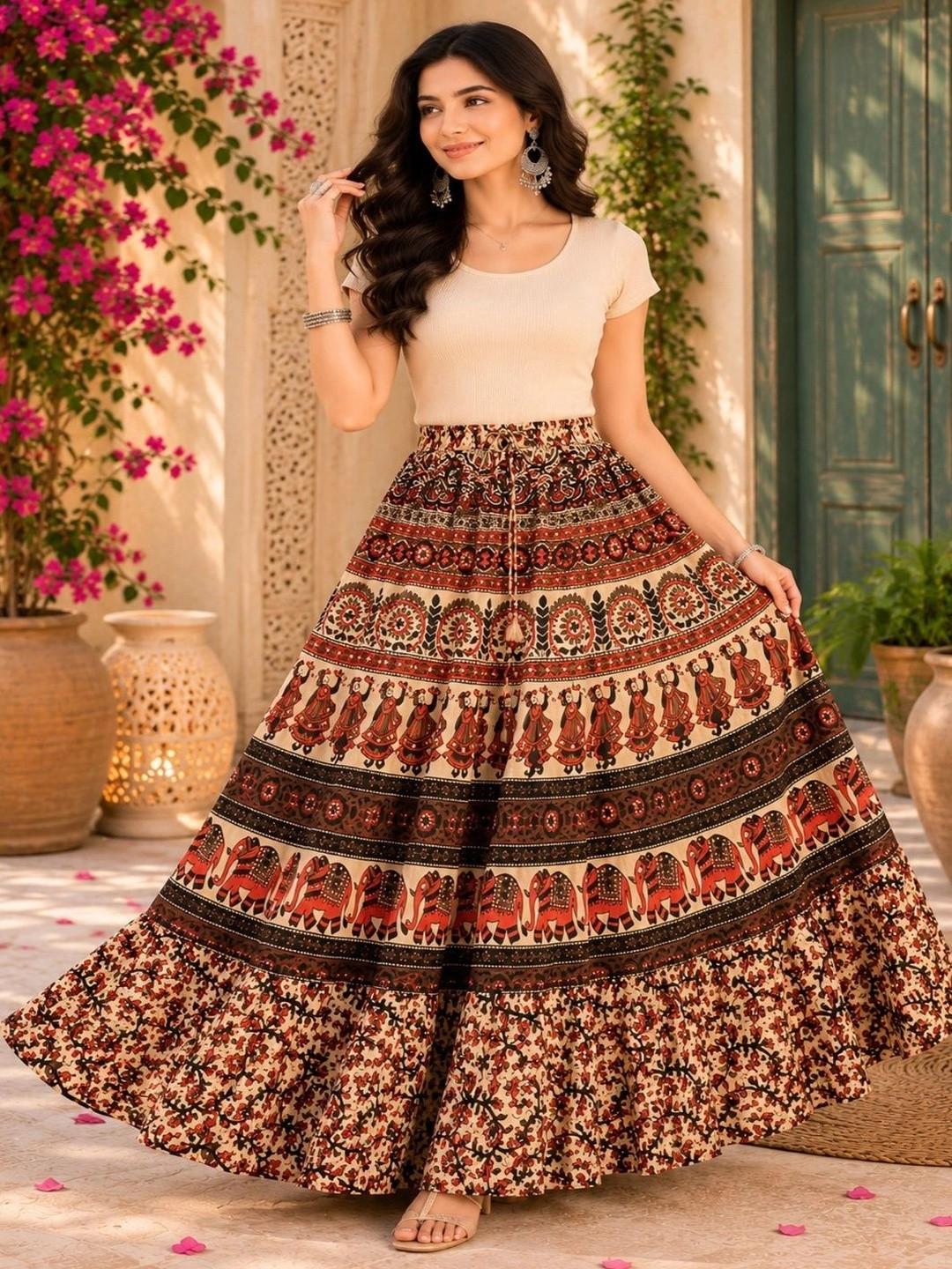 Namokar Women Cotton Cambric Floral Bohemian Maxi Flared Skirt