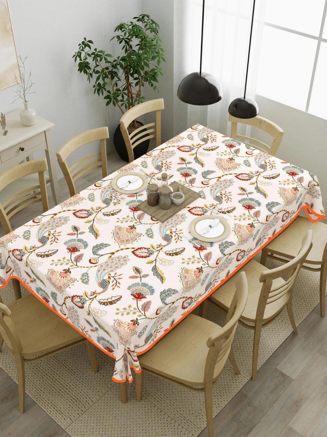 Aura White Floral Cotton 8-Seater Table Cover