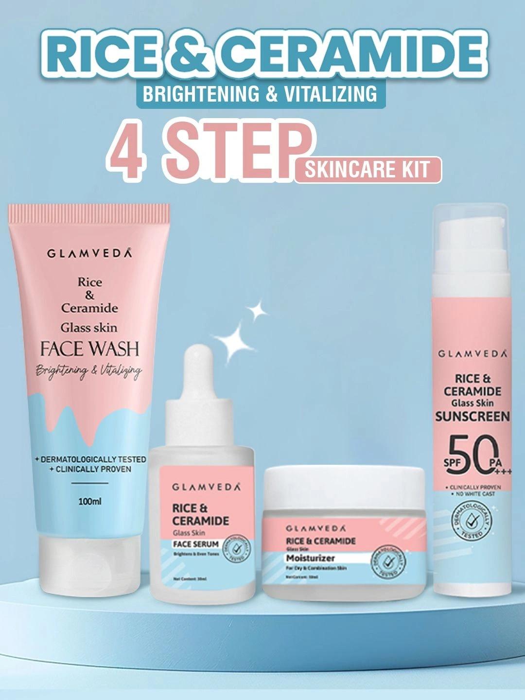 GLAMVEDA Set Of 4 Rice Water Face Wash 100 ml Serum 30ml Moisturizer & Sunscreen 50ml Each
