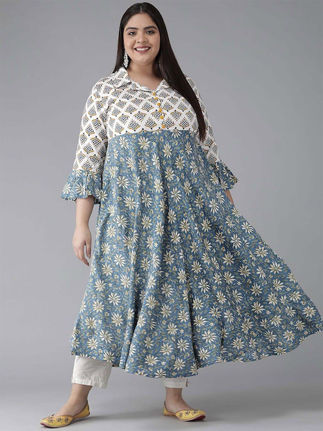IKRASS Women Plus Size Floral Printed Bell Sleeves Anarkali Calf Length Kurta