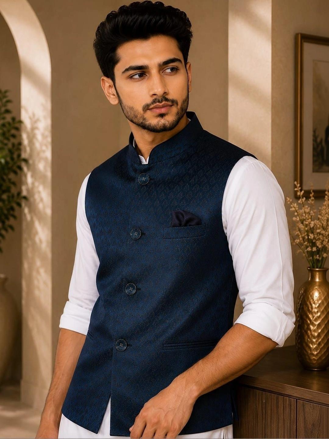 WANAS Woven Design Mandarin Collar Nehru Jacket